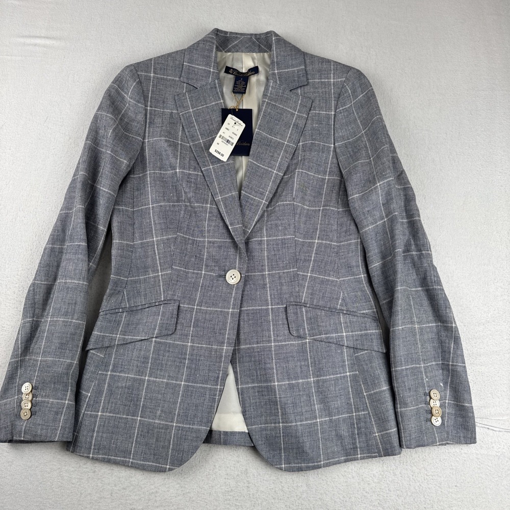 New! Brooks Brothers Womens Gray Windowpane Blazer Sz 2 ($298) Wool Linen Blend